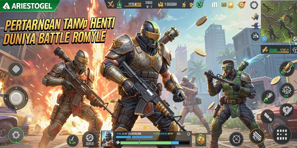 Tangkapan layar utama ARIESTOGEL menampilkan pertempuran sengit di arena.