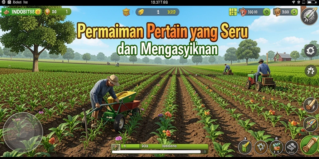 Screenshot gameplay INDOBIT88 menampilkan kebun yang subur dan beragam tanaman.