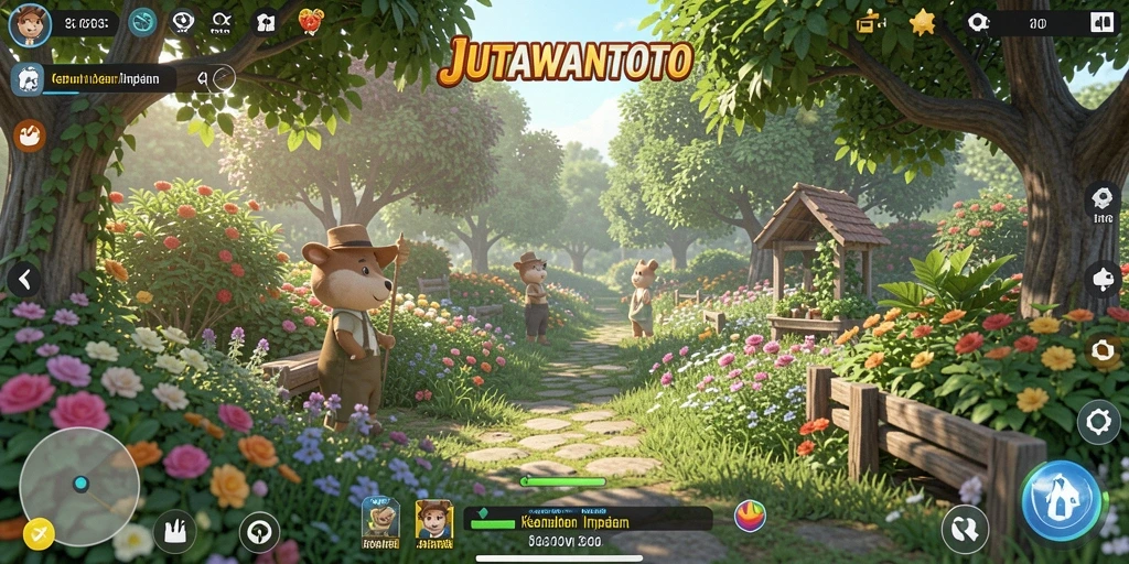 Screenshot gameplay <strong>JUTAWANTOTO</strong> menunjukkan keindahan kebun yang dikelola dengan baik.