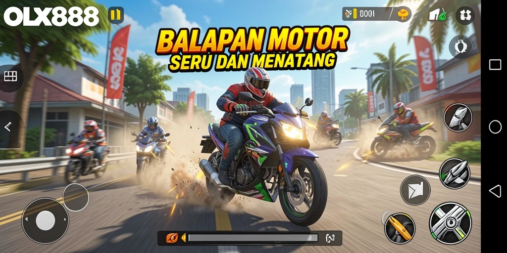 Tampilan seru dari gameplay OLX888 yang penuh aksi balapan motor.