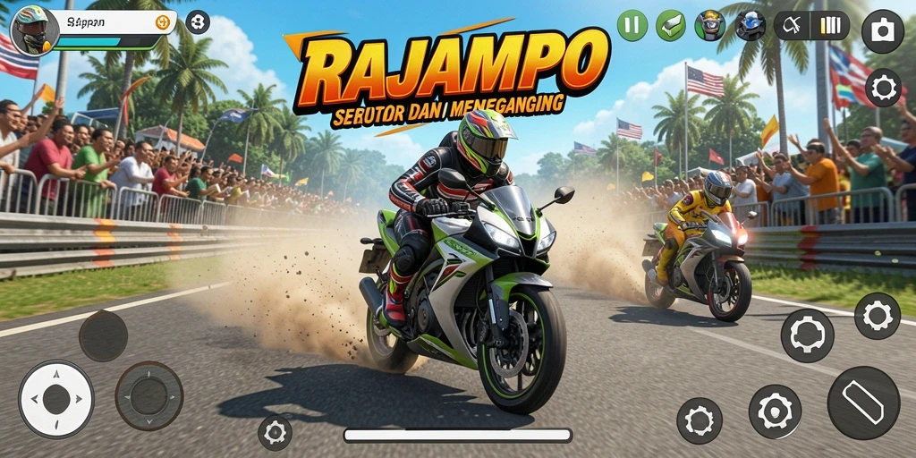 Gameplay seru dan mendebarkan dalam RAJAMPO dengan balapan motor.