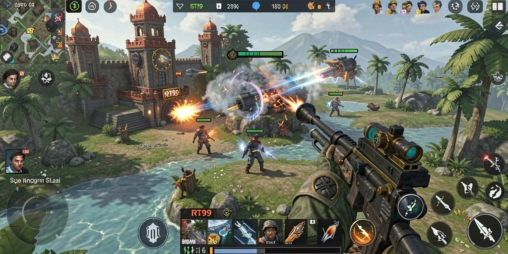 Screenshot gameplay RT99 menampilkan pertempuran strategi yang intens.